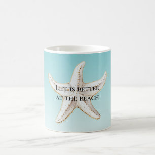 Aqua Blue White Gold Starfish Beach Quote Koffiemok