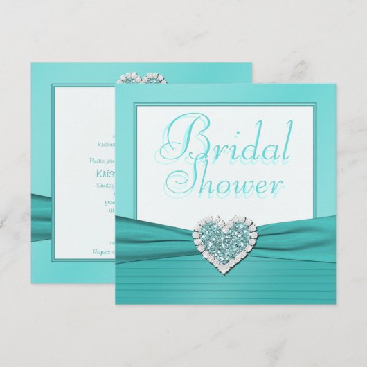 Aqua Blue, White Jewel Heart Vrijgezellenfeest Inv Kaart (Voorkant / Achterkant)