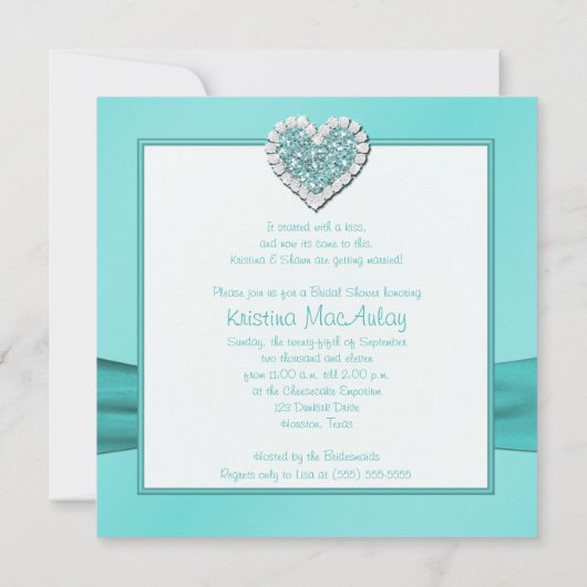 Aqua Blue, White Jewel Heart Vrijgezellenfeest Inv Kaart (Achterkant)