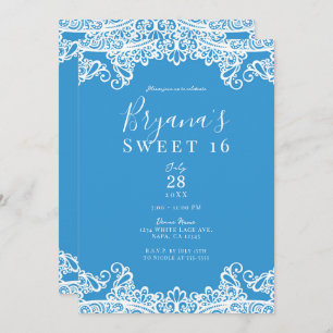 Aqua Blue & White Lace Elegant Sweet 16 Party Kaart