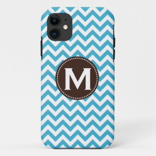 Aqua Blue White Monogram Chevron Pattern iPhone 11 Hoesje