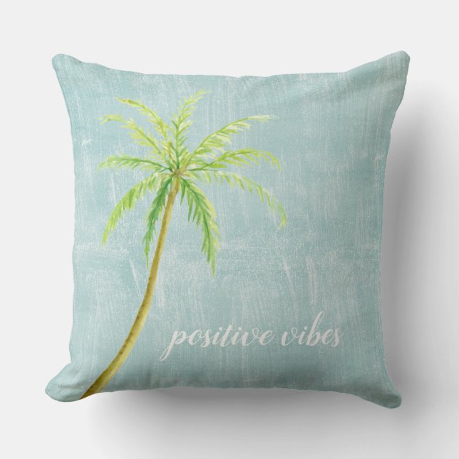 Aqua Blue White Ocean Shore Palm Tree Kussen (Voorkant)