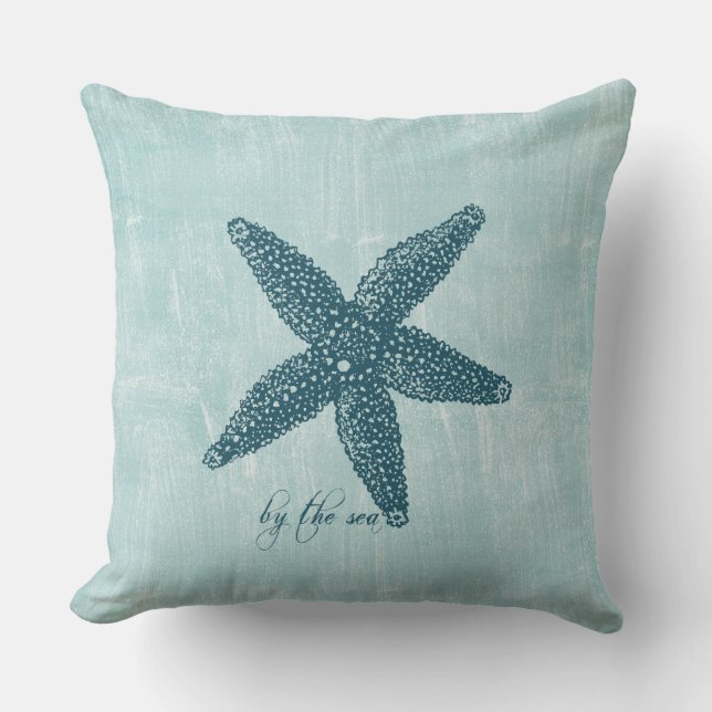 Aqua Blue White Ocean Shore Starfish Kussen (Voorkant)
