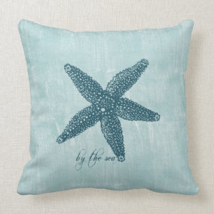 Aqua Blue White Ocean Shore Starfish Kussen