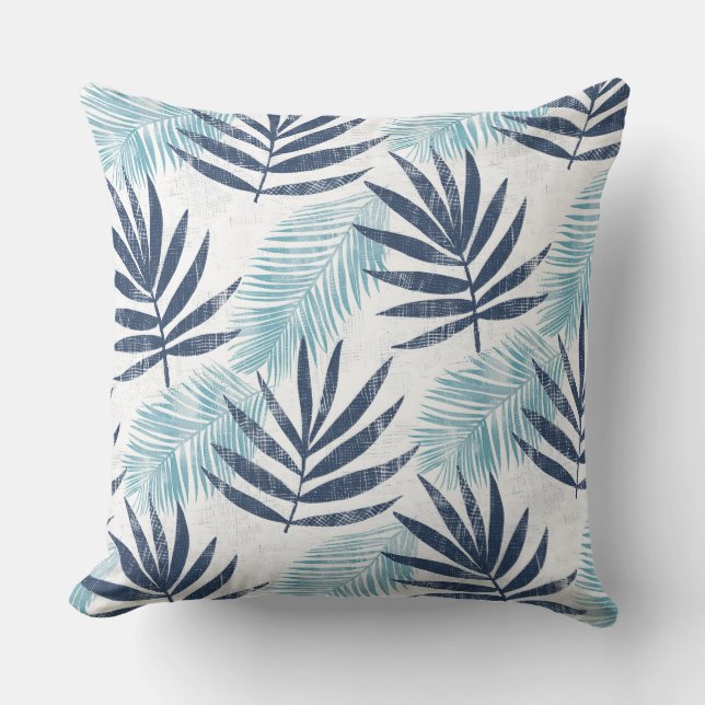 Aqua Blue White Palm Leaf Sierkussen (Voorkant)