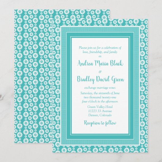 Aqua Blue White Pattern Floral Wedding Kaart (Voorkant / Achterkant)