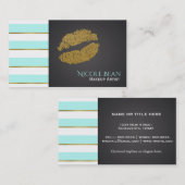 Aqua Blue White Stripes Faux Gold Shine Lips Visitekaartje (Voorkant / Achterkant)
