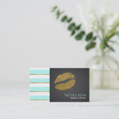 Aqua Blue White Stripes Faux Gold Shine Lips Visitekaartje (Staand voorkant)