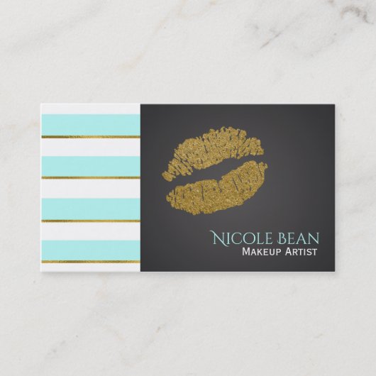 Aqua Blue White Stripes Faux Gold Shine Lips Visitekaartje (Voorkant)