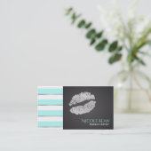 Aqua Blue White Stripes Faux Silver Shine Lips Visitekaartje (Staand voorkant)