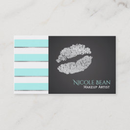 Aqua Blue White Stripes Faux Silver Shine Lips Visitekaartje