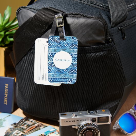 Aqua Blue White Tribal Stripes Stippen Bagagelabel (Voorkant & Achterkant)