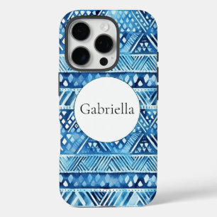 Aqua Blue White Tribal Stripes Stippen iPhone 16 Pro Hoesje
