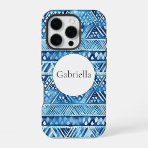 Aqua Blue White Tribal Stripes Stippen iPhone 16 Pro Hoesje
