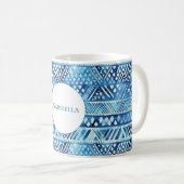 Aqua Blue White Tribal Stripes Stippen Koffiemok (Voorkant rechts)