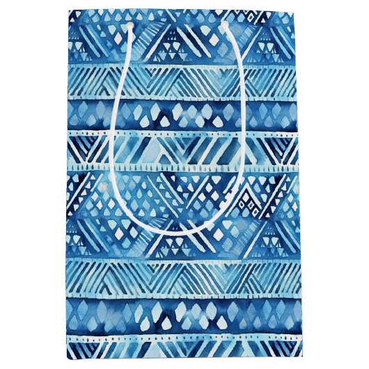 Aqua Blue White Tribal Stripes Stippen Verjaardag Medium Cadeauzakje (Voorkant)