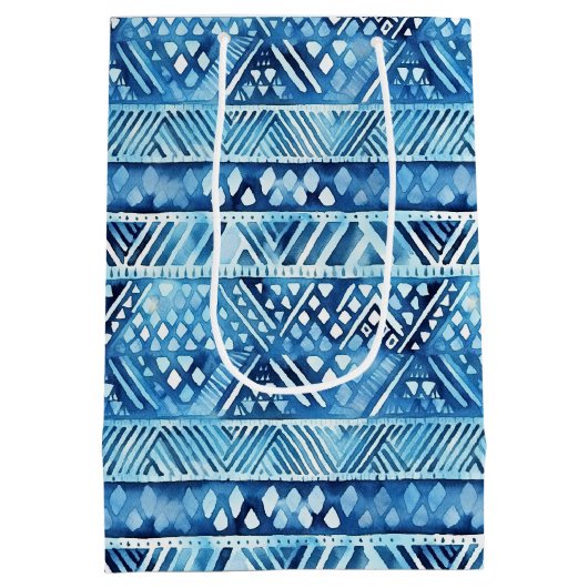 Aqua Blue White Tribal Stripes Stippen Verjaardag Medium Cadeauzakje (Achterkant)