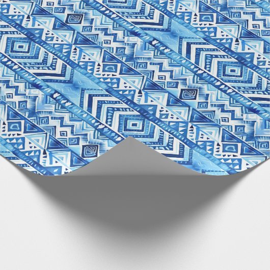 Aqua Blue White Tribal Stripes Verjaardag Cadeaupapier (Hoek)