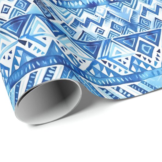 Aqua Blue White Tribal Stripes Verjaardag Cadeaupapier (Rol Hoek)