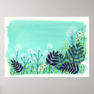 Aqua Blue Wild Field Artiest Waterverf Schilderen Poster