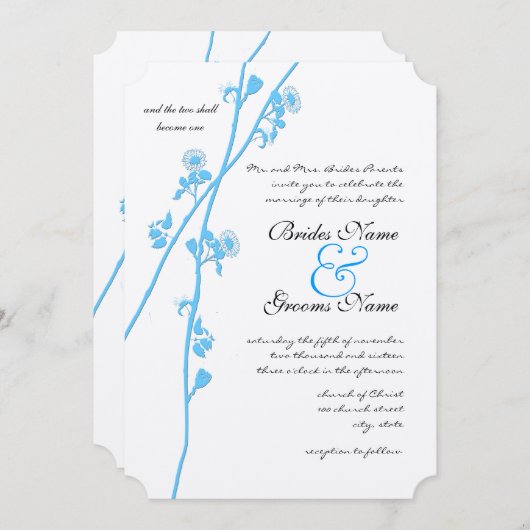 Aqua Blue Wildflower Branch Rustic Wedding Kaart (Voorkant / Achterkant)