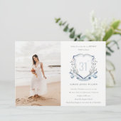 Aqua Blue Wildflower Monogram Crest Fotodag Kaart (Staand voorkant)