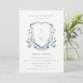 Aqua Blue Wildflower Monogram Crest Verloving Kaart (Staand voorkant)