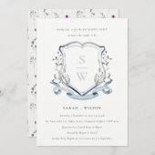 Aqua Blue Wildflower Monogram Crest Verloving Kaart (Voorkant / Achterkant)