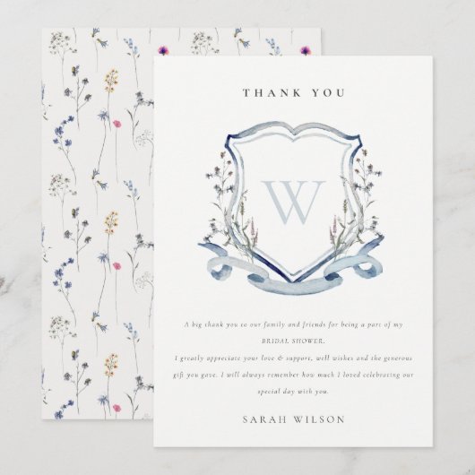 Aqua Blue Wildflower Monogram Crest Vrijgezellenfe Bedankkaart (Voorkant / Achterkant)