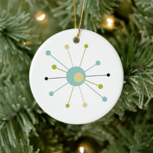Aqua Blue Yellow Atomic Age Starburst Mid Century Keramisch Ornament