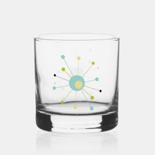 Aqua Blue Yellow Atomic Age Starburst Mid Century Whisky Glas