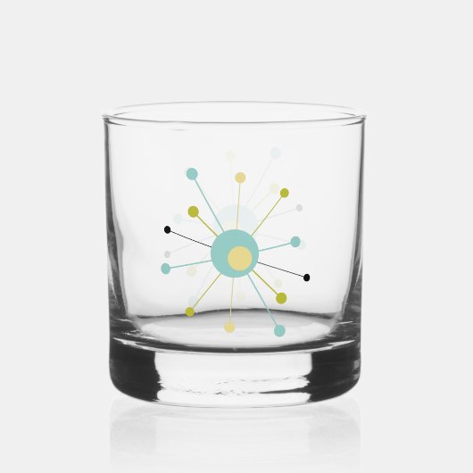Aqua Blue Yellow Atomic Age Starburst Mid Century Whisky Glas (Voorkant)