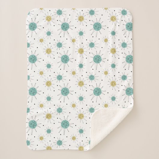 Aqua Blue Yellow Atomic Pattern Mid Century Modern Sherpa Deken (Voorkant)