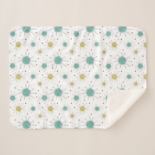 Aqua Blue Yellow Atomic Pattern Mid Century Modern Sherpa Deken (Voorkant (horizontaal))