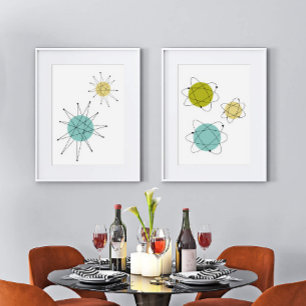 Aqua Blue Yellow Atomic Starburst Atom Mid Century Muurkunst Sets