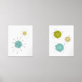 Aqua Blue Yellow Atomic Starburst Atom Mid Century Muurkunst Sets (Voorkant)