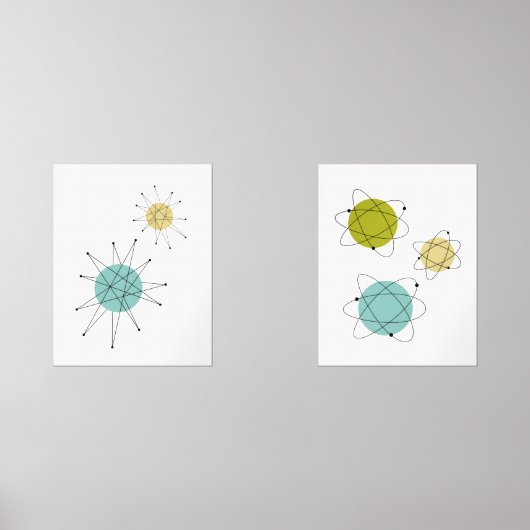 Aqua Blue Yellow Atomic Starburst Atom Mid Century Muurkunst Sets (Voorkant)