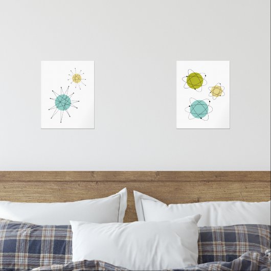 Aqua Blue Yellow Atomic Starburst Atom Mid Century Muurkunst Sets (Slaapkamer)