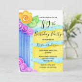 Aqua Blue Yellow Cake Bloemen 80ste Verjaardagsfee Kaart (Staand voorkant)