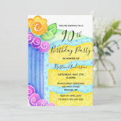 Aqua Blue Yellow Cake Bloemen 90ste Verjaardagsfee Kaart (Staand voorkant)