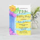 Aqua Blue Yellow Cake Floral 100ste verjaardagsfee Kaart (Staand voorkant)