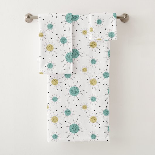 Aqua Blue Yellow Franciscan Starburst Mid Century Bad Handdoek (Insitu)