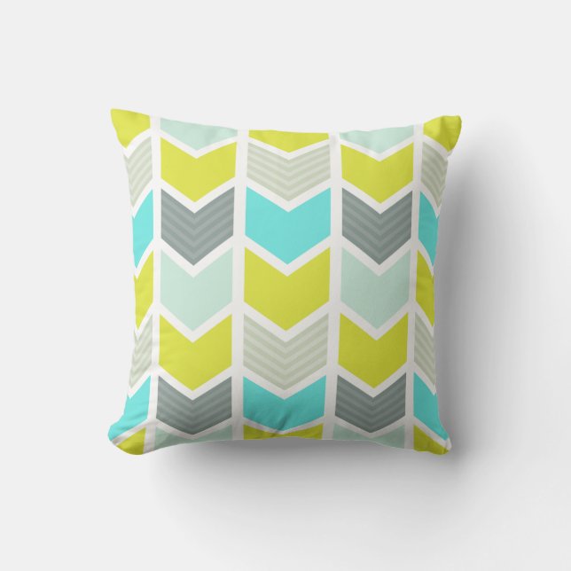 Aqua Blue Yellow Grey Geometric Chevron Pattern Kussen (Voorkant)