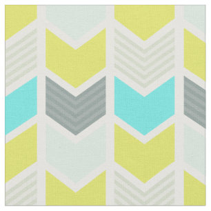 Aqua Blue Yellow Grey Geometric Chevron Pattern Stof