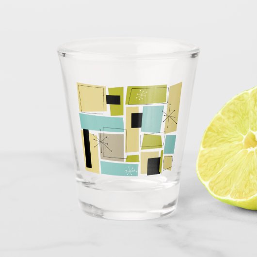 Aqua Blue Yellow Rechthoeken Mid Century Shot Glas (Voorkant)