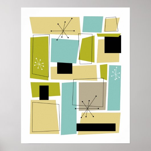 Aqua Blue Yellow Retangles Starburst Mid Century Poster (Voorkant)