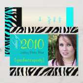 Aqua Blue Zebra Afstuderen Foto Uitnodiging (Voorkant / Achterkant)