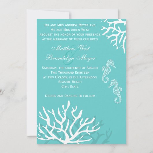 Aqua Blue Zee Coral Seahorse Wedding Invitations Kaart (Voorkant)