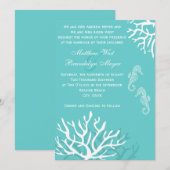 Aqua Blue Zee Coral Seahorse Wedding Invitations Kaart (Voorkant / Achterkant)