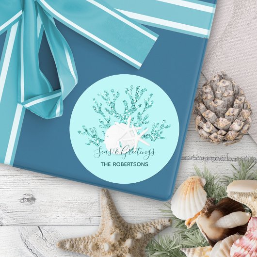 Aqua Blue-Zeeen en kerstmis Ronde Sticker